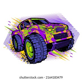 Off road truck illustration on linear background. purple SUV poster. Colorful big car for boy t shirts