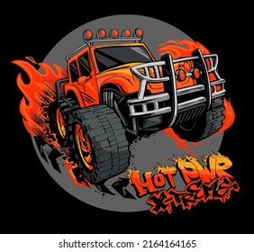 Off road truck illustration. Street art style words Hot power extreme. SUV poster. Colorful big orange car for boy t shirts