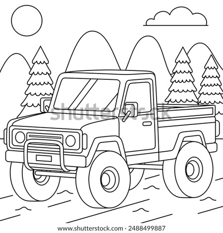 Off road truck on mountain background, transportation, vehicle, outline coloring page for kids 