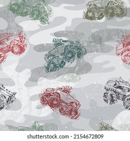 Off road truck seamless pattern on repeat grey camouflage background. Shabby textured Grunge repeated wall and big car. Monster vehicle poster