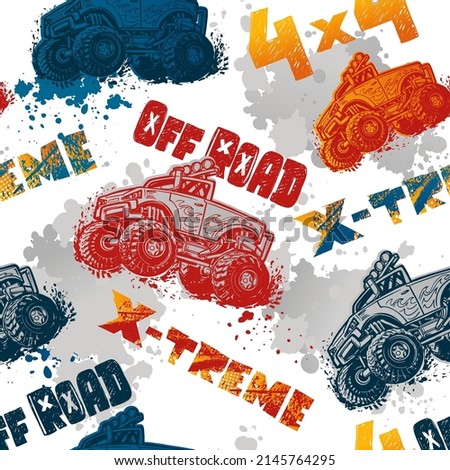 Off road truck seamless pattern. Extreme automobile outline endless ornament with Grunge text and spray paint ink background. Powerful vehicle repeat print for sport textile, wrapping paper