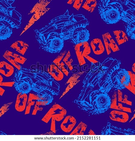 Off road truck seamless pattern on blue  background. Extreme automobile outline endless ornament with Grunge text. Powerful vehicle repeat print for sport textile, wrapping paper