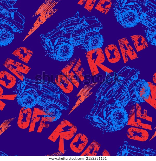Off road truck\
seamless pattern on blue  background. Extreme automobile outline\
endless ornament with Grunge text. Powerful vehicle repeat print\
for sport textile, wrapping\
paper
