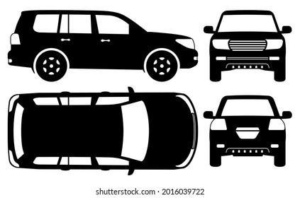 Off road truck silhouette on white background. Vehicle icons set view from side, front, back, and top