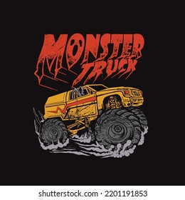 Off road truck with tail. Shabby textured Grunge illustration big car, graffiti words Big Power. shirt design