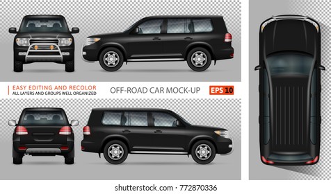 Off road truck vector mock-up for advertising, corporate identity. Isolated template of SUV car on transparent. Vehicle branding mockup. Easy to edit and recolor. View from side, front, back and top.