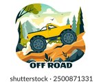 Off Road Vector Illustration of a Jeep or SUV Traversing Rocky Terrain, Rivers, and Sand in a Flat Extreme Sport Style Cartoon Background