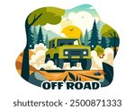 Off Road Vector Illustration of a Jeep or SUV Traversing Rocky Terrain, Rivers, and Sand in a Flat Extreme Sport Style Cartoon Background