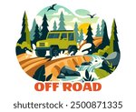 Off Road Vector Illustration of a Jeep or SUV Traversing Rocky Terrain, Rivers, and Sand in a Flat Extreme Sport Style Cartoon Background