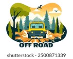 Off Road Vector Illustration of a Jeep or SUV Traversing Rocky Terrain, Rivers, and Sand in a Flat Extreme Sport Style Cartoon Background