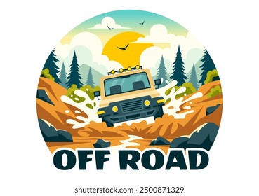 Off Road Vector Illustration of a Jeep or SUV Traversing Rocky Terrain, Rivers, and Sand in a Flat Extreme Sport Style Cartoon Background