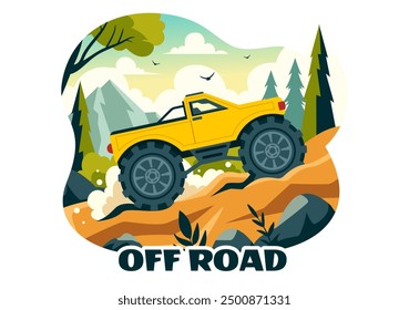 Off Road Vector Illustration of a Jeep or SUV Traversing Rocky Terrain, Rivers, and Sand in a Flat Extreme Sport Style Cartoon Background