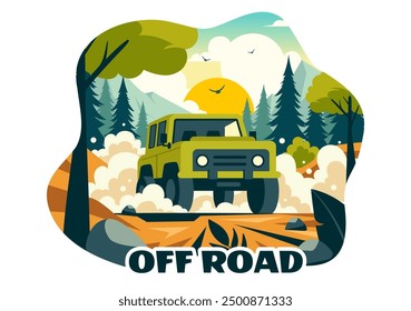 Off Road Vector Illustration of a Jeep or SUV Traversing Rocky Terrain, Rivers, and Sand in a Flat Extreme Sport Style Cartoon Background