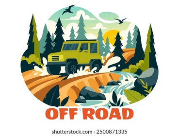 Off Road Vector Illustration of a Jeep or SUV Traversing Rocky Terrain, Rivers, and Sand in a Flat Extreme Sport Style Cartoon Background