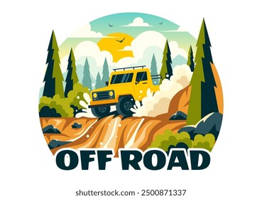 Off Road Vector Illustration of a Jeep or SUV Traversing Rocky Terrain, Rivers, and Sand in a Flat Extreme Sport Style Cartoon Background