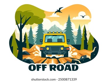 Off Road Vector Illustration of a Jeep or SUV Traversing Rocky Terrain, Rivers, and Sand in a Flat Extreme Sport Style Cartoon Background