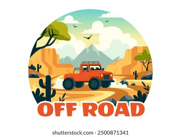 Off Road Vector Illustration of a Jeep or SUV Traversing Rocky Terrain, Rivers, and Sand in a Flat Extreme Sport Style Cartoon Background