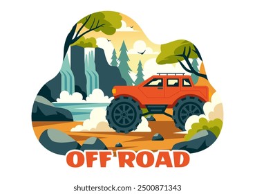 Off Road Vector Illustration of a Jeep or SUV Traversing Rocky Terrain, Rivers, and Sand in a Flat Extreme Sport Style Cartoon Background