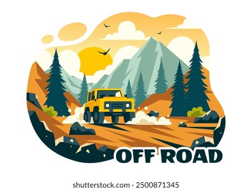 Off Road Vector Illustration of a Jeep or SUV Traversing Rocky Terrain, Rivers, and Sand in a Flat Extreme Sport Style Cartoon Background