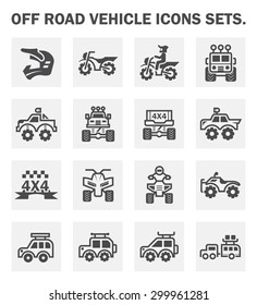 Off road vehicle and accessories vector icon consist of helmet, motocross bike or motorbike, ppv or suv, pickup truck, atv and trailer. Extreme sport racing on dirt trail road. Also travel, camping.