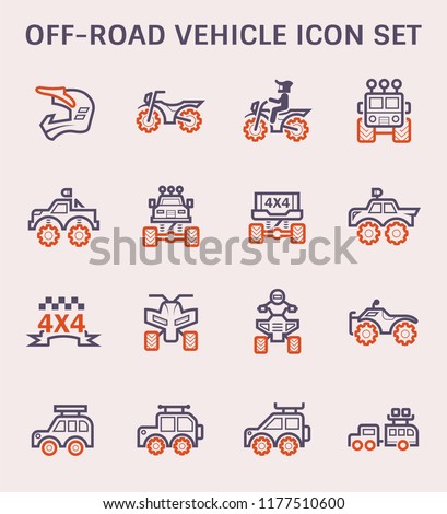 Off road vehicle and accessories vector icon consist of helmet, motocross bike or motorbike, ppv or suv, pickup truck, atv and trailer. Extreme sport racing on dirt trail road. Also travel, camping.