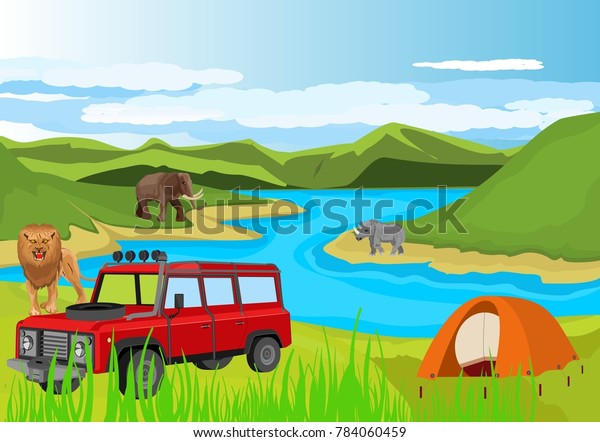 Off road vehicle and camp\
in outdoor of african landscape. Lion, elephant other african\
animals.