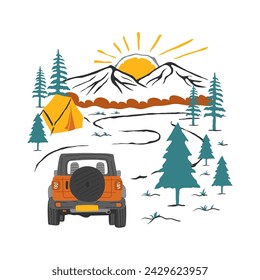 Off road vehicle and camping in the mountains. Vector illustration on a white background.