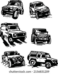 Off road vehicle car, car off-road 4x4 truck, suv car, hand drawn vector illustration