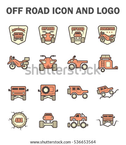 Off road vehicle logo element design consist of motorbike, ppv or suv, pickup truck, atv and trailer. Extreme sport racing and touring for dirt trail road. Also transportation, travel and camping.