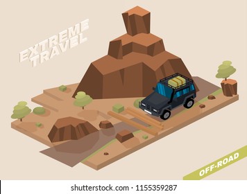 Off road vehicle with roof rack driving through the mountains. Extreme travel concept in natural colors. Editable vector illustration in 3D isometric style.