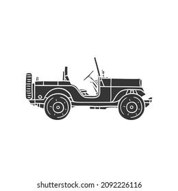 Off Road Vintage Icon Silhouette Illustration. Military Power Transport Vector Graphic Pictogram Symbol Clip Art. Doodle Sketch Black Sign.