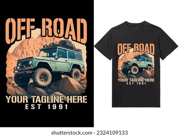 
Off Road your tagline here Est 1991, Off-road solid color jeep car and vector design illustration print for boy t-shirt grunge effect in a separate layer
