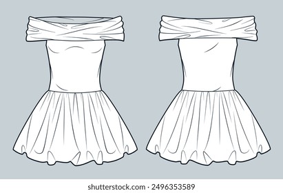 Off Sholder Dress with poplin bottom technical fashion illustration. Draped Mini Dress fashion flat technical drawing template, balloon skirt, front and back view, white, women Dress CAD mockup.