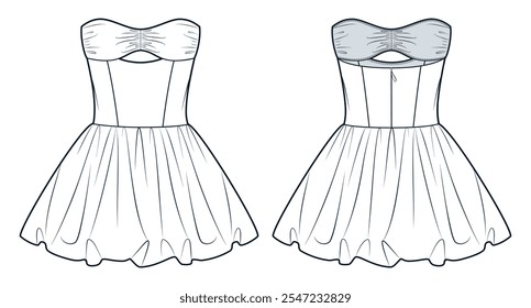 Off Sholder Dress technical fashion illustration. Draped Mini Dress fashion flat technical drawing template, balloon skirt, front and back view, white, women Dress CAD mockup.