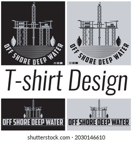 Off Shore Deep Water Vector Graphic Of T-shirt Design. With Modern Dark And Light Colors Scheme. Suitable For Deep Sea Crew Training Teams Or Safety Prize Awards For Offshore Mining Businesses.
