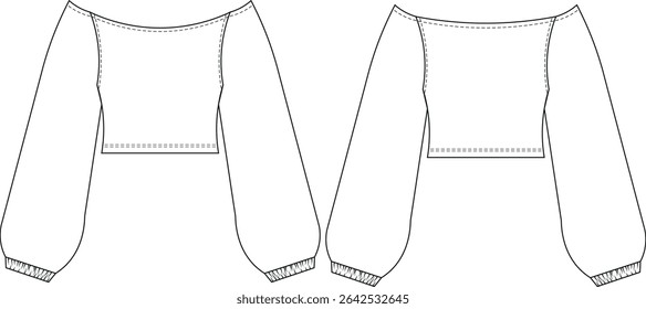 fora do ombro barco pescoço balão pescoço manga comprida manguito elástico em tiras algema recortado corte elástico blusa top modelo técnico desenho plano esboço cad maquete moda mulher design estilo modelo 