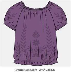 BLOUSE BOHEMIANO OFF HOULDER CON PUFF RAGLAN SLEEVE DETALLE DISEÑADO PARA NIÑAS ADOLESCENTES Y NIÑAS EN ARCHIVO DE ILUSTRACIÓN DE VECTOR