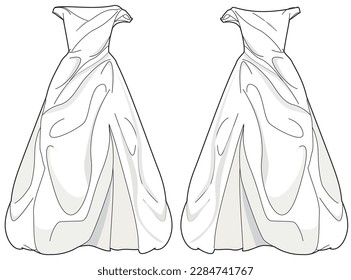 Off shoulder draped ball gown wedding dress design flat sketch fashion illustration with front and back view, Strapless draped bridal dress flat sketch cad drawing template svg