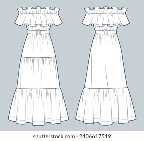 Off Shoulder Dress technical fashion Illustration. Tiered Dress fashion flat technical drawing template, maxi length, ruffle, front view, white, women's Dress CAD mockup set.