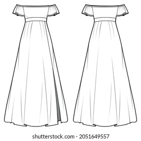 Off  The Shoulder Frill Short Sleeve Flared Dress with Slit Front and Back View. fashion illustration vector, CAD, technical drawing, flat drawing.