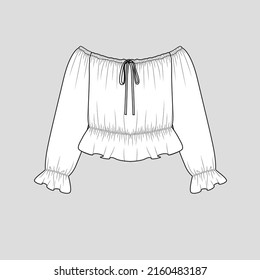 Off shoulder knotted Top  knot tie Elastic Gathering ruffles Hem Tunnel drawstring tie up  fashion clothing flat sketch technical drawing template design vector