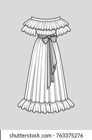 Off the shoulder long flared dress with ruffle short sleeves. Ruffle neckline and hem. Maxi length. Waist belt with a bow. Vector illustration. Technical flat sketch.