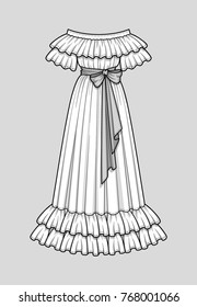 Off the shoulder long flared dress with ruffle short sleeves. Ruffle neckline and double ruffle hem. Floor length. Waist belt with a bow. Technical flat sketch. Vector illustration.