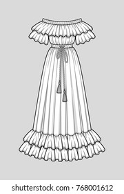 Off the shoulder long flared dress with ruffle short sleeves. Ruffle neckline and double ruffle hem. Elastic waist and neckline. Tasseled tie waist. Floor length. Technical flat sketch, vector.