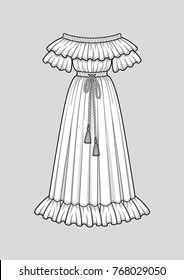 Off the shoulder long flared dress with ruffle short sleeves. Ruffle neckline and hem. Elastic waist and neckline. Tasseled tie waist. Maxi length. Vector illustration. Technical flat sketch.