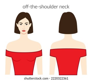 De la ropa del cuello del hombro personaje hermosa dama de la parte superior roja, camisa, vestimenta técnica ilustración de moda encajada cuerpo. Plantilla plana de prendas delanteras, laterales traseros. Mujeres, hombres unisex CAD mockup