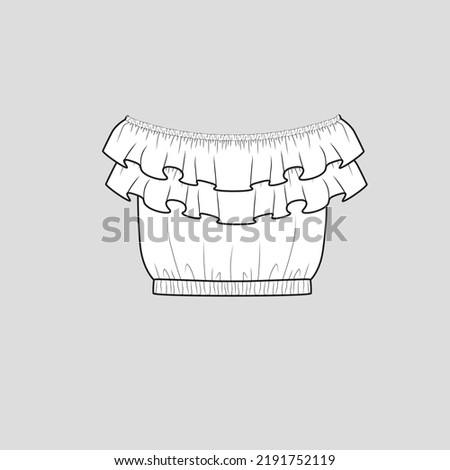 Off Shoulder  Ruffles Crop Top Gathering Detail hem Fashion template flat sketch technical drawing