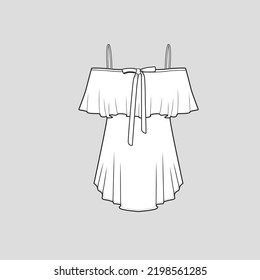 Off Shoulder Ruffles Top Knot tie Fashion Design flat sketch Template  Drawing Cad Template vector