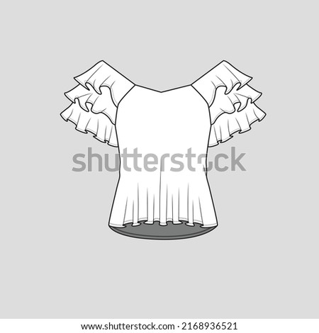 Off Shoulder Ruffles top tiered layered ruffle sleeve high low dip hem  t shirt top blouse  fashion flat sketch technical drawing template design vector