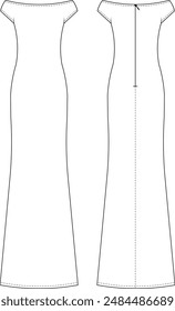 Off the Shoulder Short Cap Ärmel Reißverschluss Meerjungfrau Lange Maxi Kleid Vorlage Technische Zeichnung Flat Sketch CAD Mockup Mode Frau Design Style Model